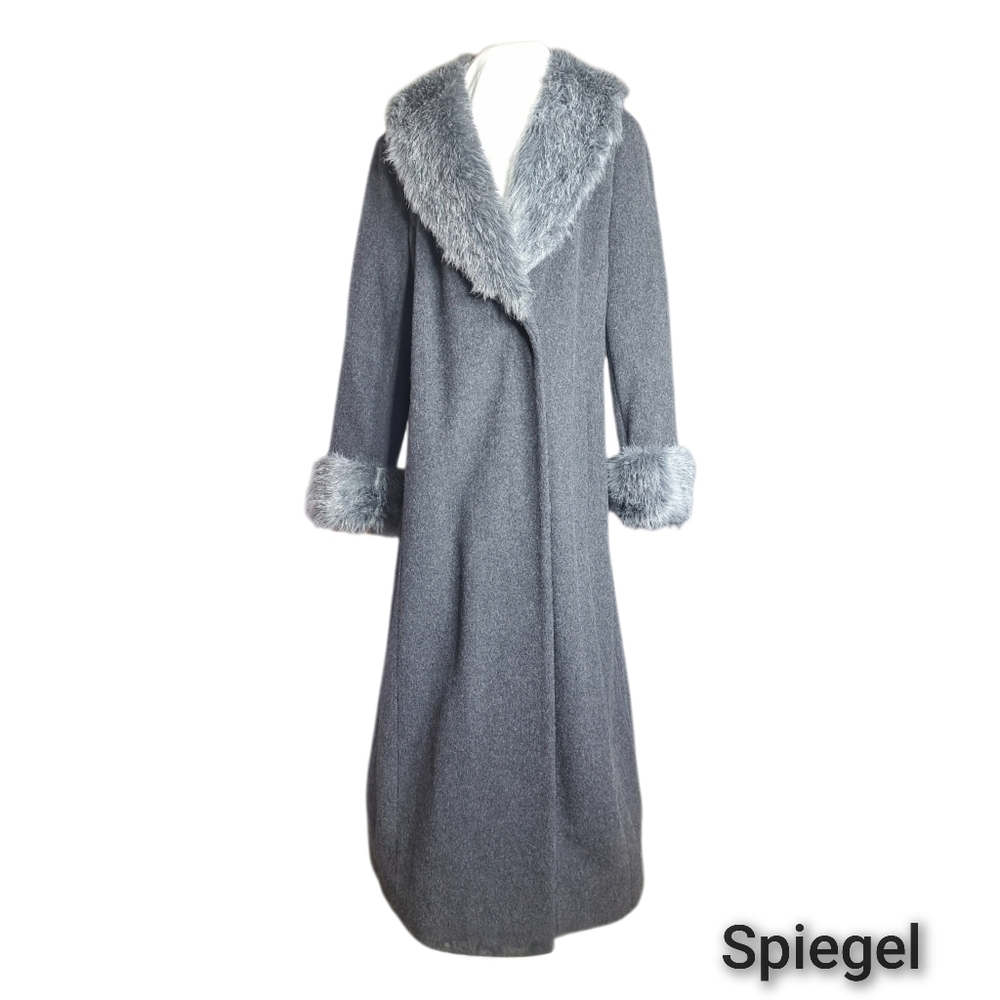 Blushe by Spiegel Grey Long Wool Coat Faux Fur Collar Cuffs Size 12 USA